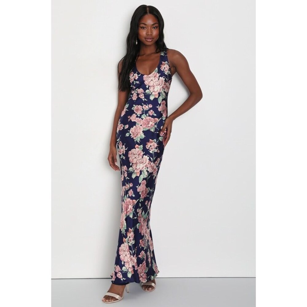 Stunning Blossom Navy Blue Floral Satin Backless Maxi Dress. Lulus size xs NWT